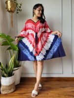 Shibori Tie-Dye Cotton Kaftan Dress (Red, White & Navy Blue)