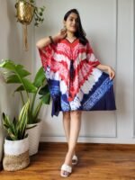 Shibori Tie-Dye Cotton Kaftan Dress (Red, White & Navy Blue)