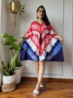 Shibori Tie-Dye Cotton Kaftan Dress (Red, White & Navy Blue)