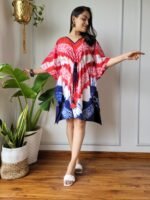 Shibori Tie-Dye Cotton Kaftan Dress (Red, White & Navy Blue)