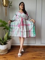 Shibori Tie-Dye Cotton Kaftan Dress (White, Green & Pink)