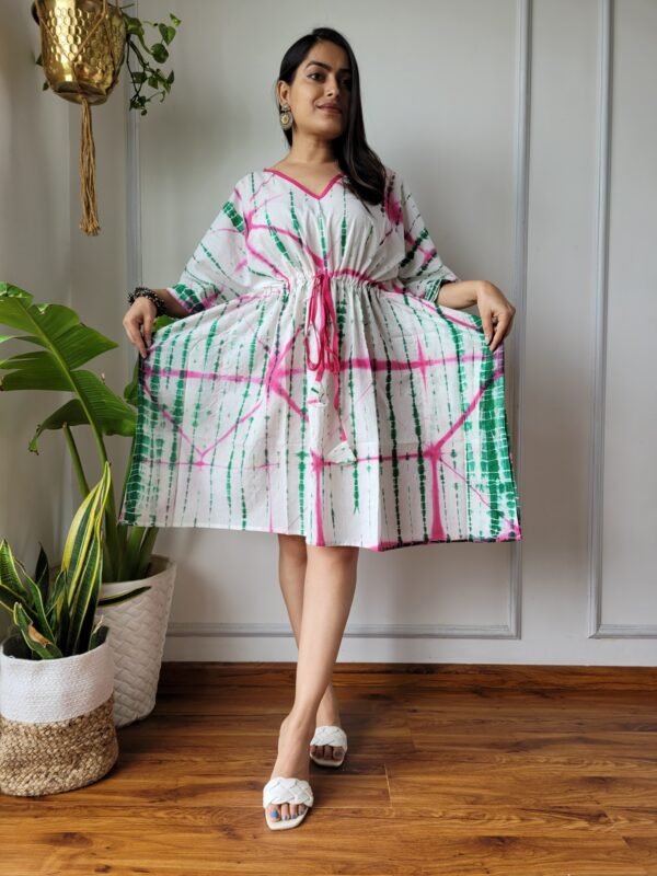 Shibori Tie-Dye Cotton Kaftan Dress (White, Green & Pink)