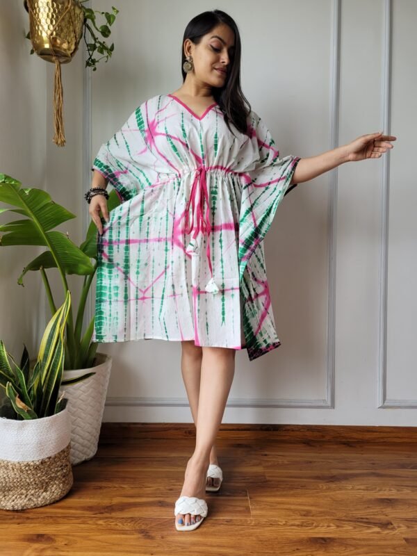 Shibori Tie-Dye Cotton Kaftan Dress (White, Green & Pink)