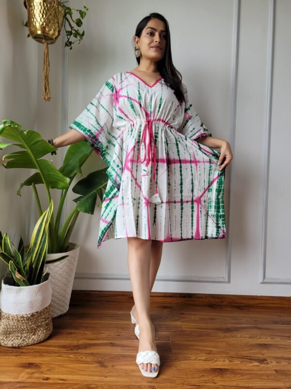 Shibori Tie-Dye Cotton Kaftan Dress (White, Green & Pink)