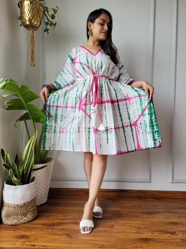 Shibori Tie-Dye Cotton Kaftan Dress (White, Green & Pink)