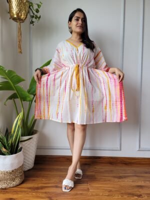 Shibori Tie-Dye Cotton Kaftan Dress (White, Pink & Yellow)