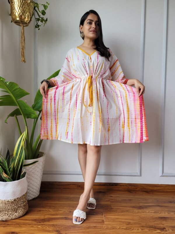 Shibori Tie-Dye Cotton Kaftan Dress (White, Pink & Yellow)