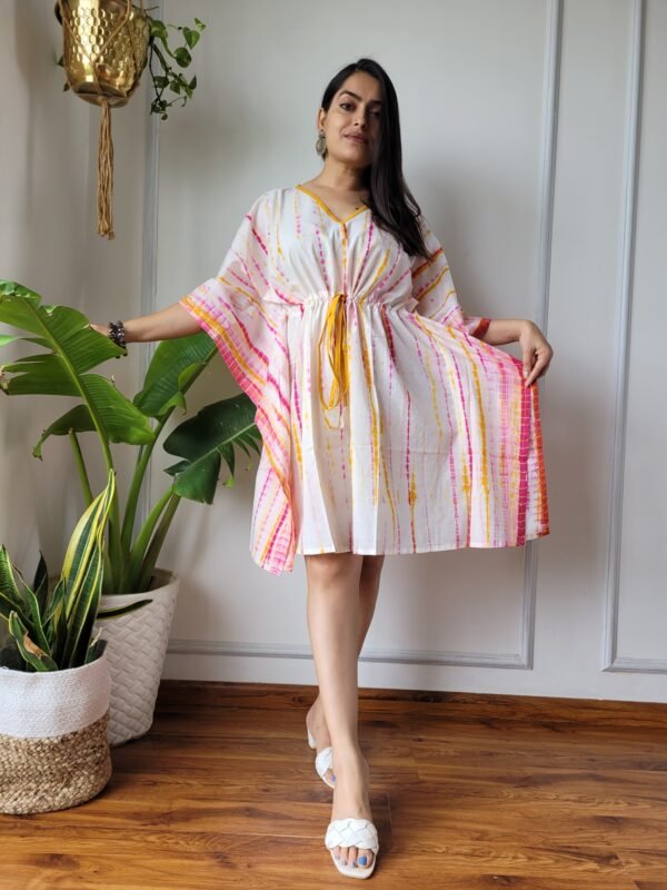 Shibori Tie-Dye Cotton Kaftan Dress (White, Pink & Yellow)