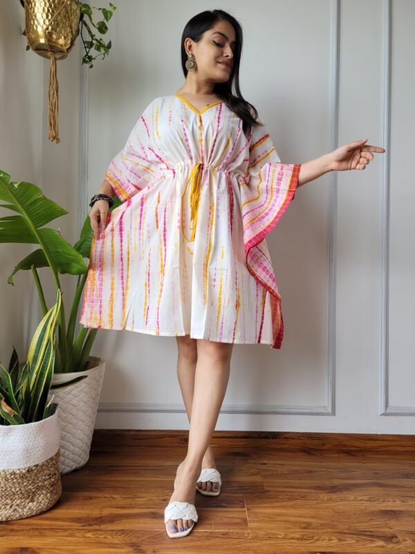 Shibori Tie-Dye Cotton Kaftan Dress (White, Pink & Yellow)