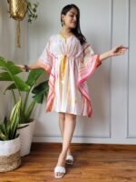 Shibori Tie-Dye Cotton Kaftan Dress (White, Pink & Yellow)