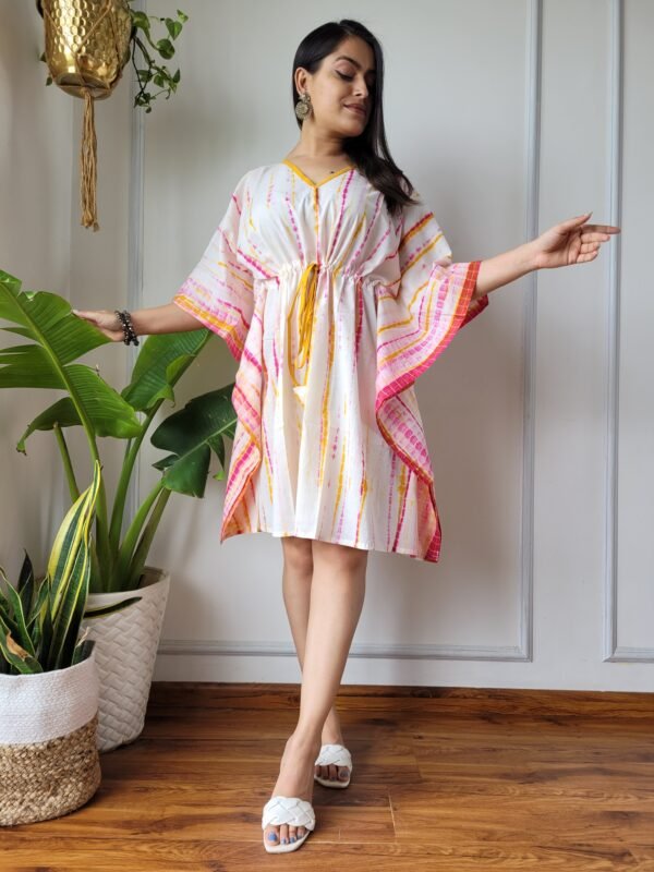 Shibori Tie-Dye Cotton Kaftan Dress (White, Pink & Yellow)