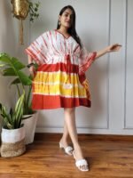 Shibori Tie-Dye Cotton Kaftan Dress (White, Red & Yellow)