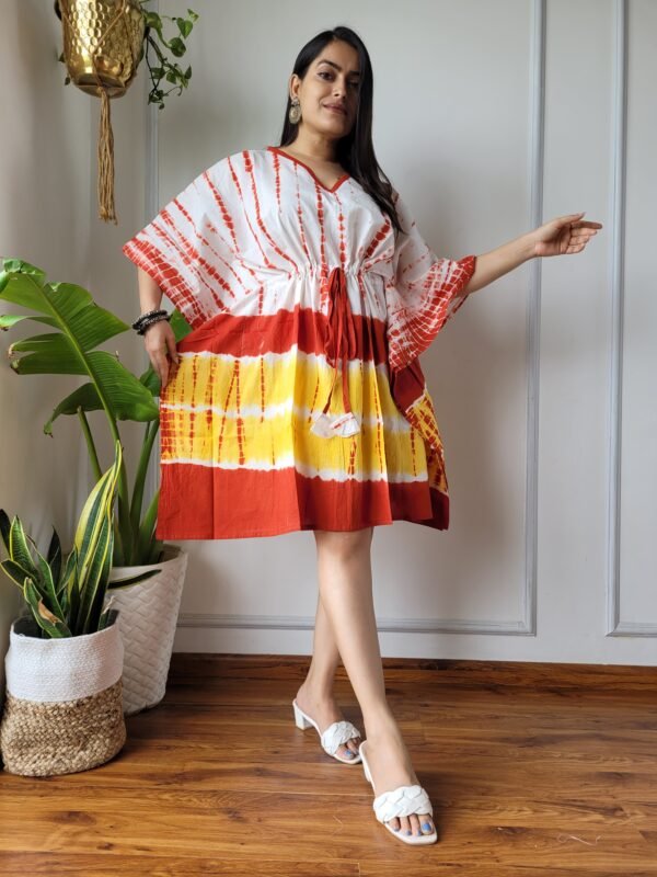 Shibori Tie-Dye Cotton Kaftan Dress (White, Red & Yellow)