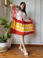 Shibori Tie-Dye Cotton Kaftan Dress (White, Red & Yellow)