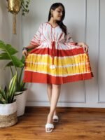 Shibori Tie-Dye Cotton Kaftan Dress (White, Red & Yellow)