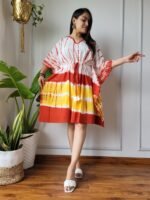 Shibori Tie-Dye Cotton Kaftan Dress (White, Red & Yellow)