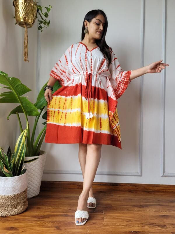 Shibori Tie-Dye Cotton Kaftan Dress (White, Red & Yellow)