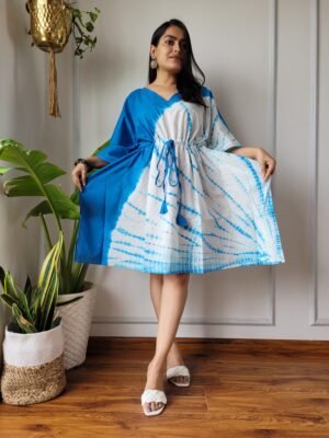 Shibori Tie-Dye Cotton Kaftan Dress (Blue & White)