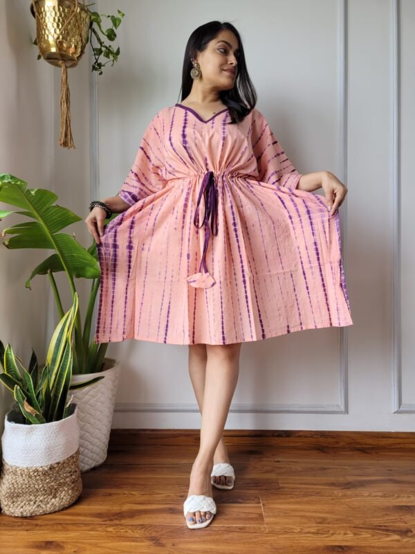 Shibori Tie-Dye Cotton Kaftan Dress (Peach & Purple)