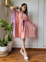 Shibori Tie-Dye Cotton Kaftan Dress (Peach & Purple)