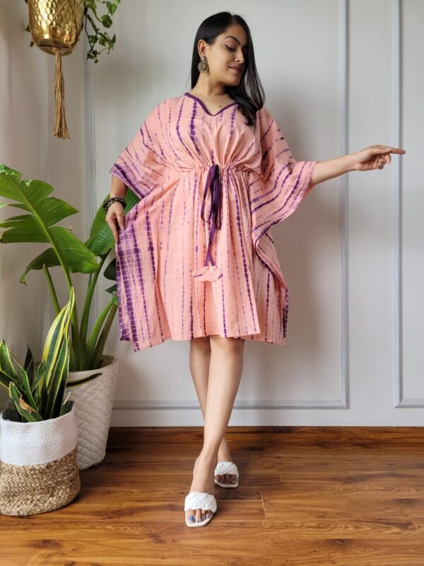 Shibori Tie-Dye Cotton Kaftan Dress (Peach & Purple)