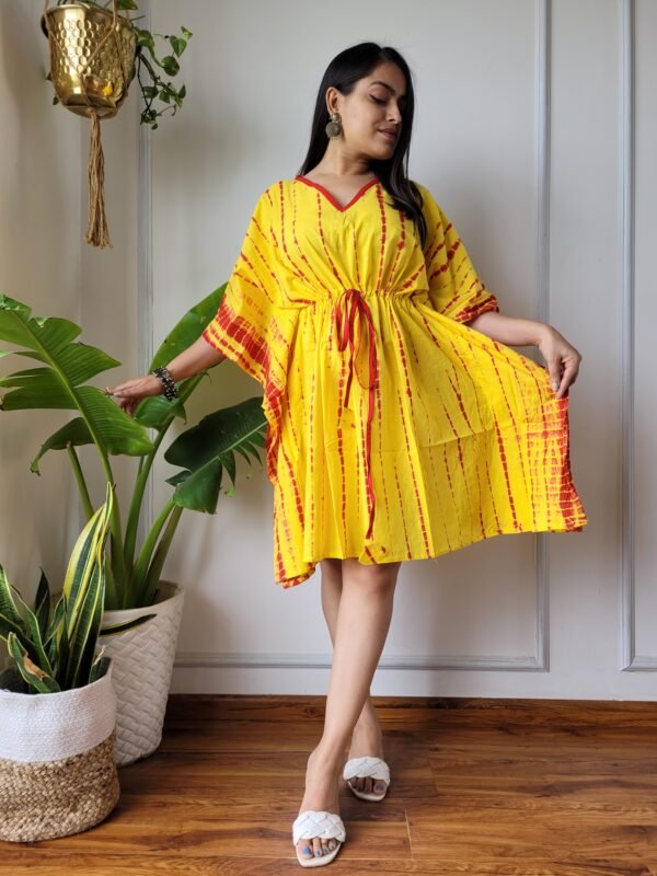 Shibori Tie-Dye Cotton Kaftan Dress (Yellow & Red)