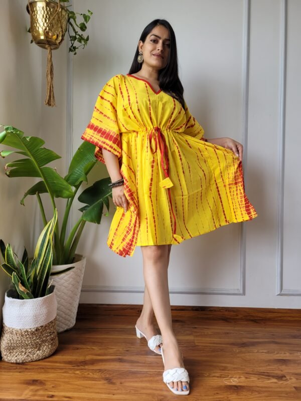 Shibori Tie-Dye Cotton Kaftan Dress (Yellow & Red)