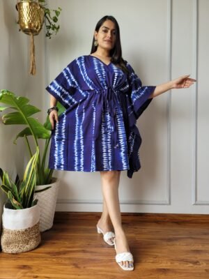 Shibori Tie-Dye Cotton Kaftan Dress (Indigo Blue & White)