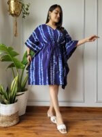 Shibori Tie-Dye Cotton Kaftan Dress (Indigo Blue & White)