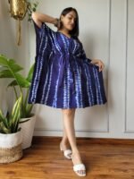 Shibori Tie-Dye Cotton Kaftan Dress (Indigo Blue & White)