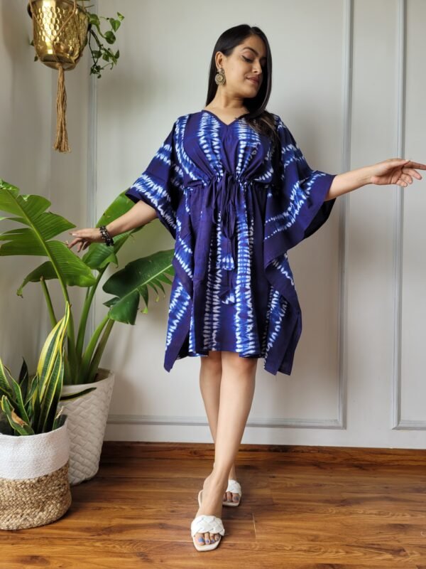 Shibori Tie-Dye Cotton Kaftan Dress (Indigo Blue & White)