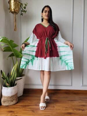 Shibori Tie-Dye Cotton Kaftan Dress (Maroon, White & Green)
