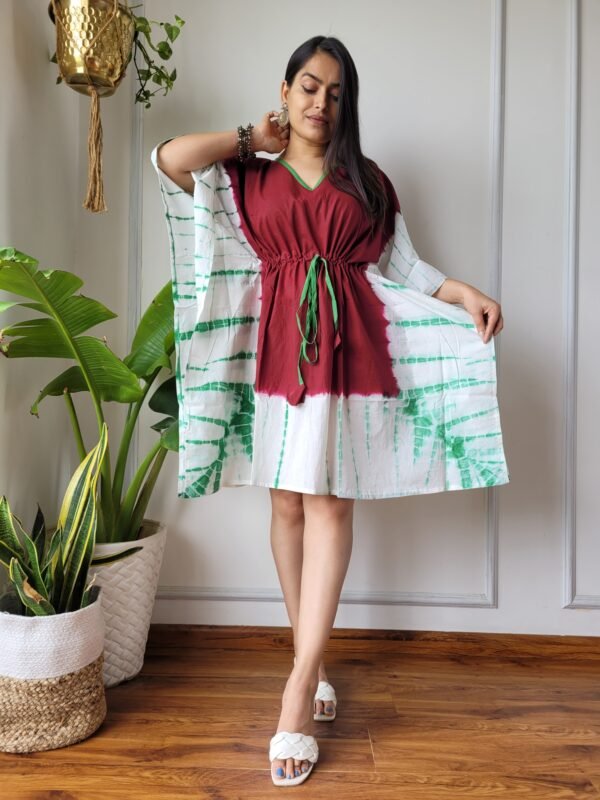 Shibori Tie-Dye Cotton Kaftan Dress (Maroon, White & Green)