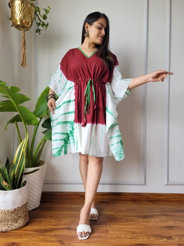 Shibori Tie-Dye Cotton Kaftan Dress (Maroon, White & Green)