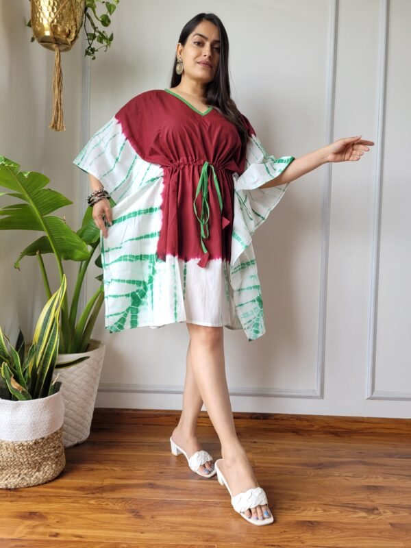 Shibori Tie-Dye Cotton Kaftan Dress (Maroon, White & Green)