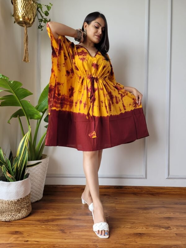 Shibori Tie-Dye Cotton Kaftan Dress (Yellow & Maroon)