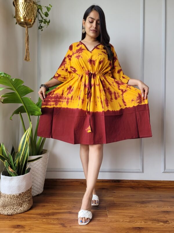 Shibori Tie-Dye Cotton Kaftan Dress (Yellow & Maroon)