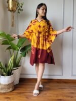 Shibori Tie-Dye Cotton Kaftan Dress (Yellow & Maroon)