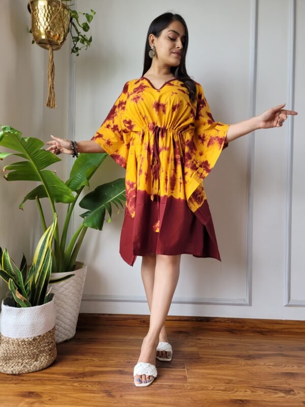 Shibori Tie-Dye Cotton Kaftan Dress (Yellow & Maroon)