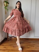 Hand Block Printed Cotton Flared Dress (Rust Brown & White)