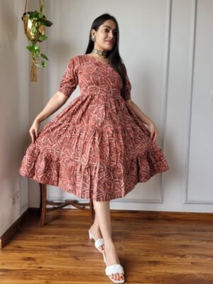 Hand Block Printed Cotton Flared Dress (Rust Brown & White)