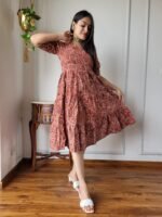 Hand Block Printed Cotton Flared Dress (Rust Brown & White)