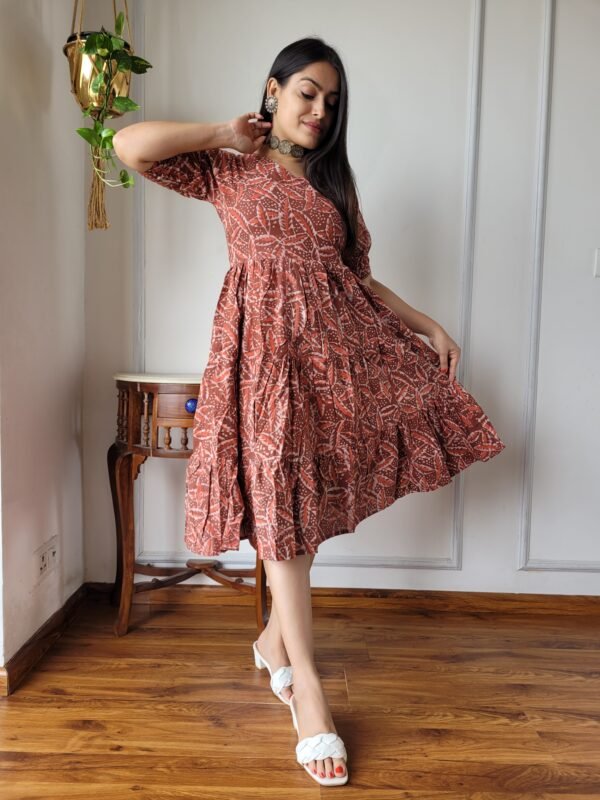 Hand Block Printed Cotton Flared Dress (Rust Brown & White)