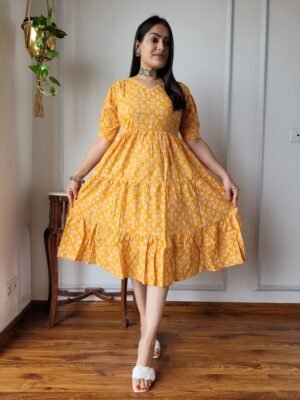 Hand Block Printed Cotton Flared Dress (Mustard Yellow & White)
