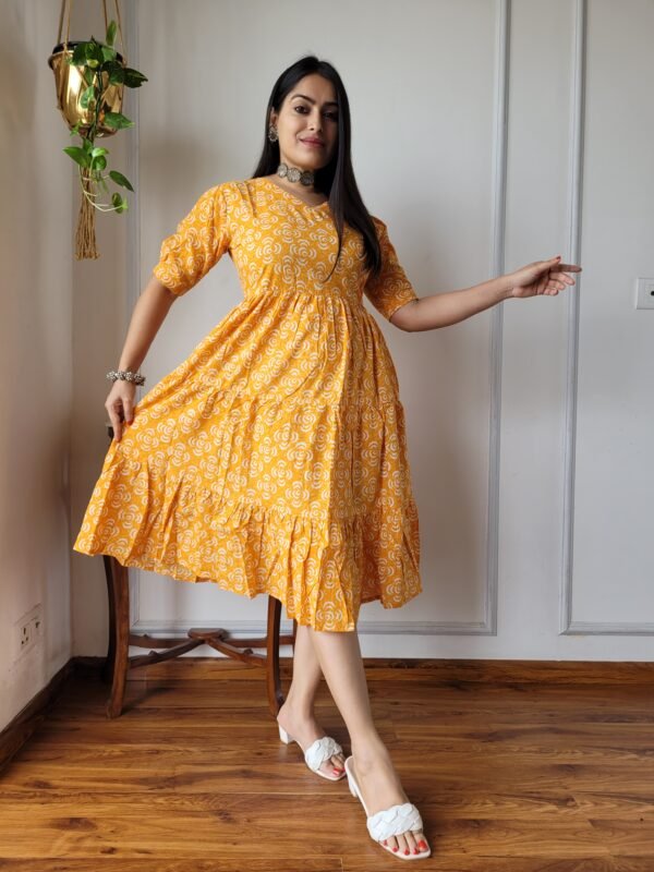 Hand Block Printed Cotton Flared Dress (Mustard Yellow & White)