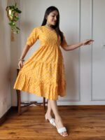 Hand Block Printed Cotton Flared Dress (Mustard Yellow & White)