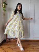 Hand Block Printed Cotton Flared Dress (White, Yellow & Grey Floral)