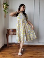 Hand Block Printed Cotton Flared Dress (White, Yellow & Grey Floral)