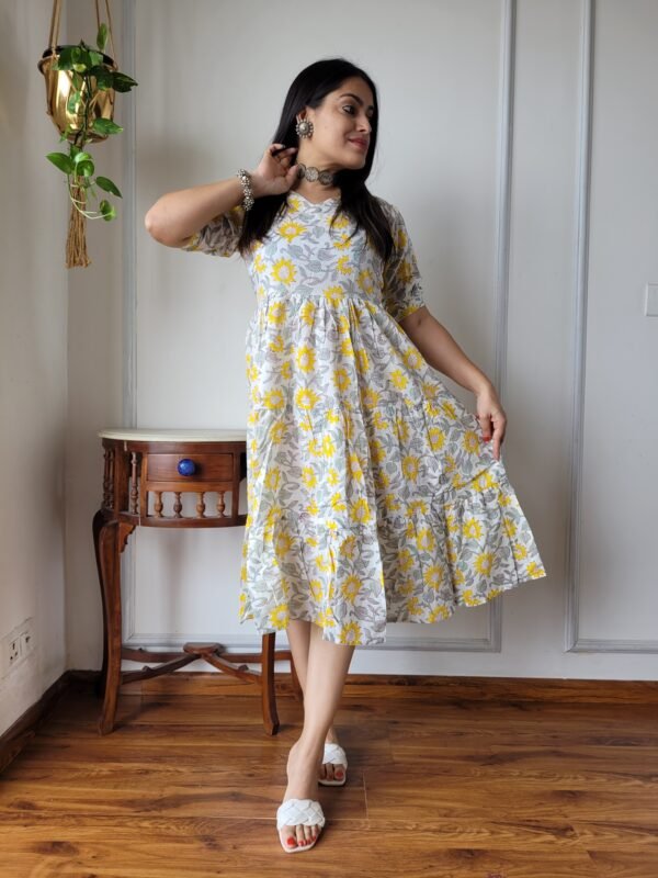 Hand Block Printed Cotton Flared Dress (White, Yellow & Grey Floral)