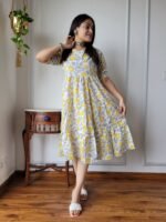 Hand Block Printed Cotton Flared Dress (White, Yellow & Grey Floral)